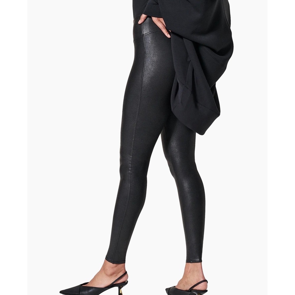 Spanx Black Faux Leather Leggings High Waisted Compression Ankle Size M - Picture 2 of 8